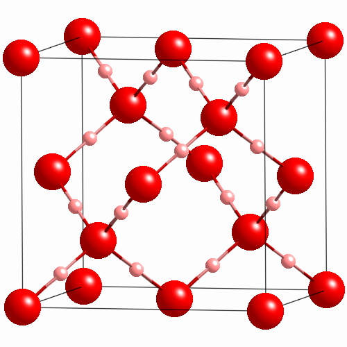 Fragment of atomic lattice of cubic ice, light and dark circle are